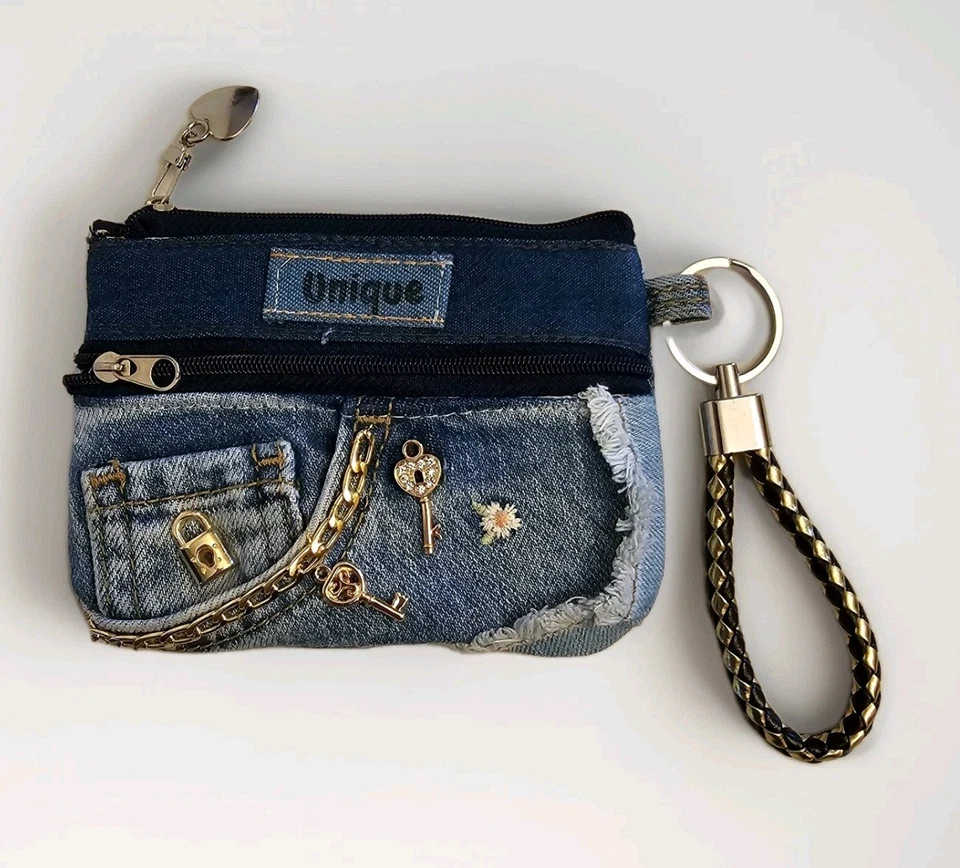 Único Jeans Hecho a Mano Denim Doble Cremallera Monedero Muñequera Portatarjetas Amor Foto 3 de 4
