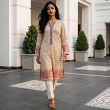Floral Print Longline Kurta Tunic Pink Cream Geometric Border Split Neck Spring