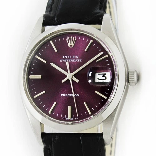 Vintage Rolex Oysterdate Precision Purple Dial 34mm Men Steel Watch Ref 6694