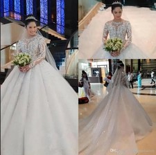 Wedding Dresses Long Sleeves Beaded Rhinestones Appliques Lace Train Bridal Gown