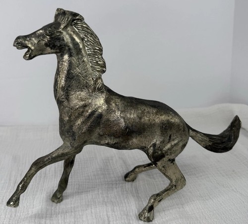 Vtg Silver Tone Galloping Horse Statue Cast Metal Equestrian Decor Patina Heavy