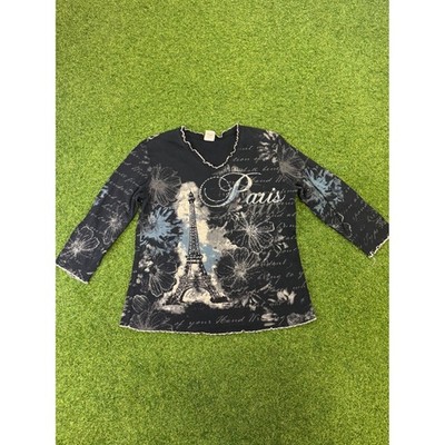Jess & Jane Paris Romance Eiffel Tower Rhinestone Lettuce Edge Top Black Medium