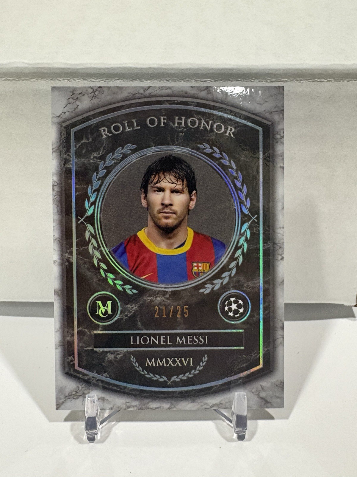 Lionel Messi #/25 Blue Topaz Roll of Honor 2026 Topps UEFA Museum Collection view 1