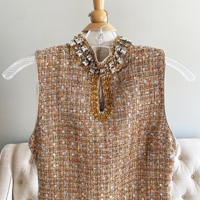 Gold Sleeveless Tinsel Boucle Tweed Embellished Collar Mini Dress Small |  eBay