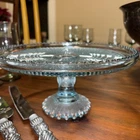Vtg. Jeanette Blue Glass Harp Pattern Cake Stand Pedestal Beaded Edge 5” X 10”