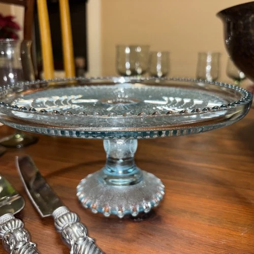 Vtg. Jeanette Blue Glass Harp Pattern Cake Stand Pedestal Beaded Edge 5” X 10”