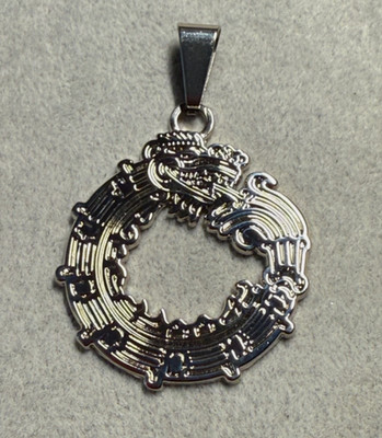 Aztec Quetzalcoatl Mayan Kukulkan Dragon Pendant, Silver Tone Metal, Mexican #39