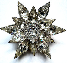 Vintage Clear Rhinestone Flower Brooch Large 2" Crystal Starburst Silver Tone