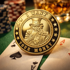 Pokerguard Poker Card Guard "I want your money" prawdziwe pozłacane, akcesoria pokerowe