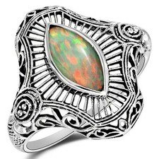 2CT Natural Fire Opal 925 Solid Sterling Silver Filigree Ring Jewelry Sz 9 ZF-2