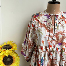Bird Paradise Print Cotton Midi Dress Deep Neck Summer Dress Gifting Idea (L)