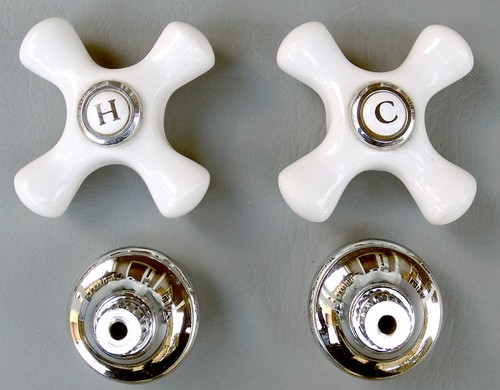 Vintage Porcelain Cold & Hot Water Faucets Cross Handles Knobs C H & Escucheons