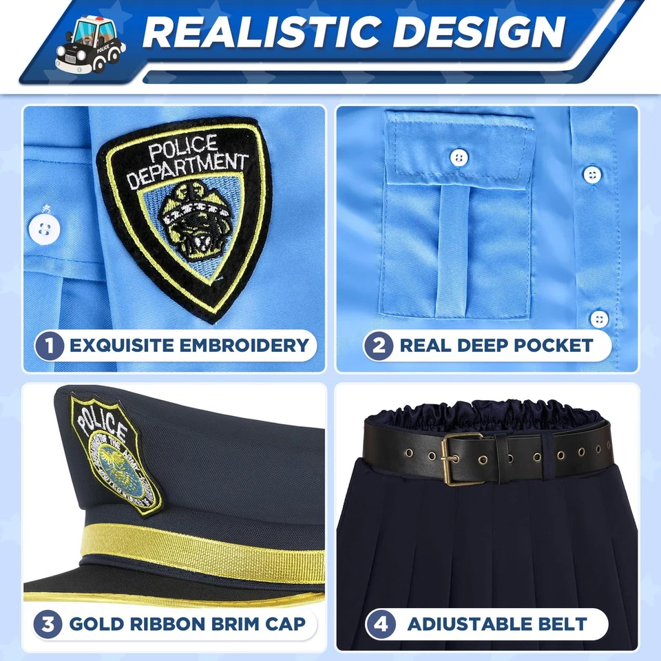 Disfraz de oficial de policía para niños, traje de policía para niñas para Halloween o disfrazarse Foto 3 de 4