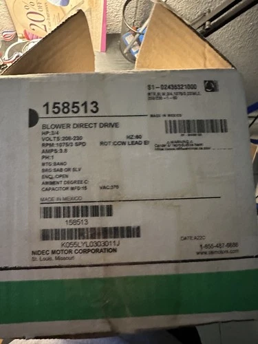 Blower Moter Nidec US Motors K55HXLYL-0303 3/4 HP, 208-230V, 3.8A, 1075 RPM 