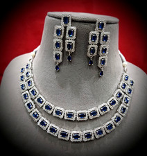 Bollywood indian Silver Plated Ethnic AD CZ Jewelry Earrings Necklace Bridal Set