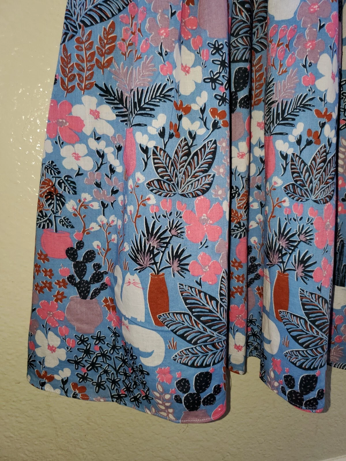 Abito midi Kate Spade Garden Posy smocked stampa gatto cactus taglia XS blu