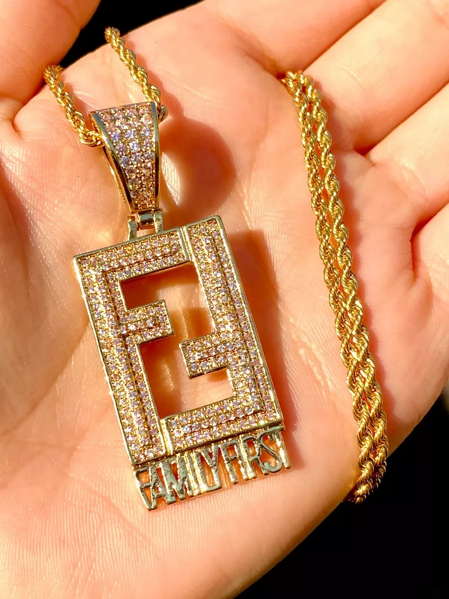 Men Women 14k Gold Finish Icy Family First FF Pendant Charm Rope