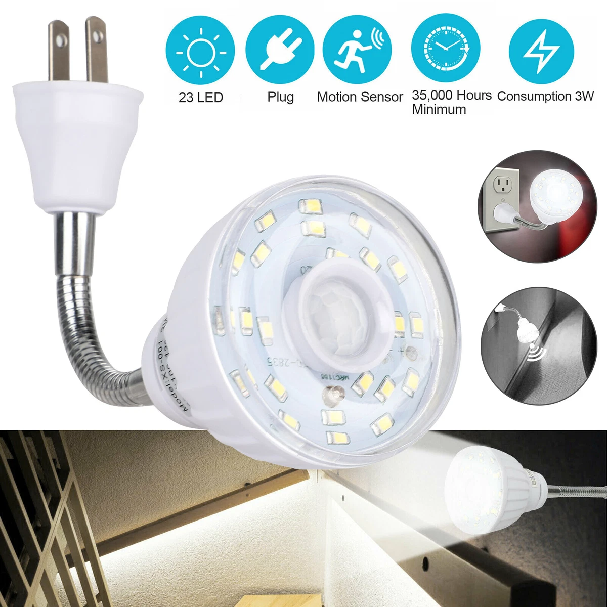 LED Motion-Activated Sensor Night Light AC Outlet Plug-In Indoor Wall Stair  Lamp