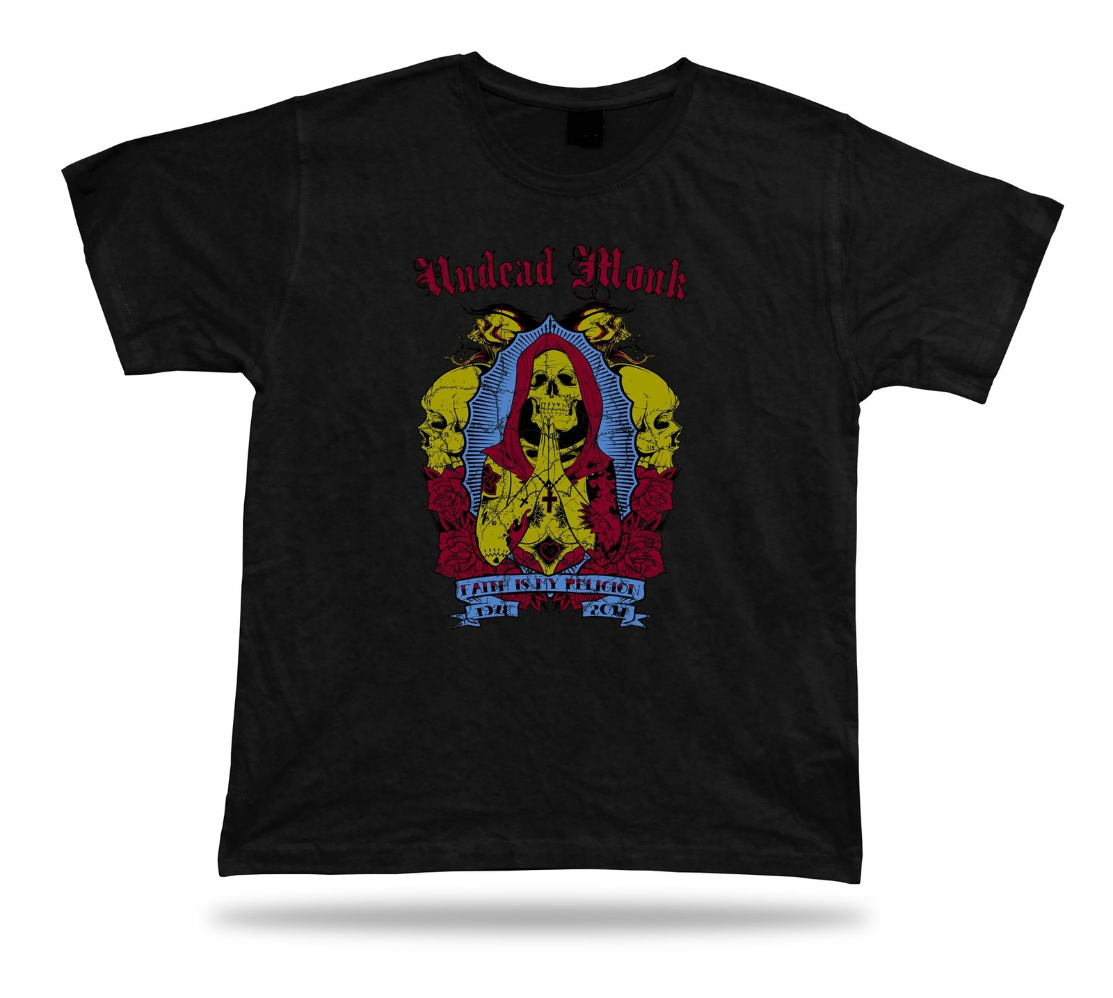 Tshirt Tee Shirt Birthday Gift Idea Undead Monk Prayer Death Skull Emblam Retro-image
