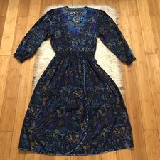 Vintage MAYEELOK Embroidered Paisley Floral Marbled Prairie Blue Midi Dress S/M