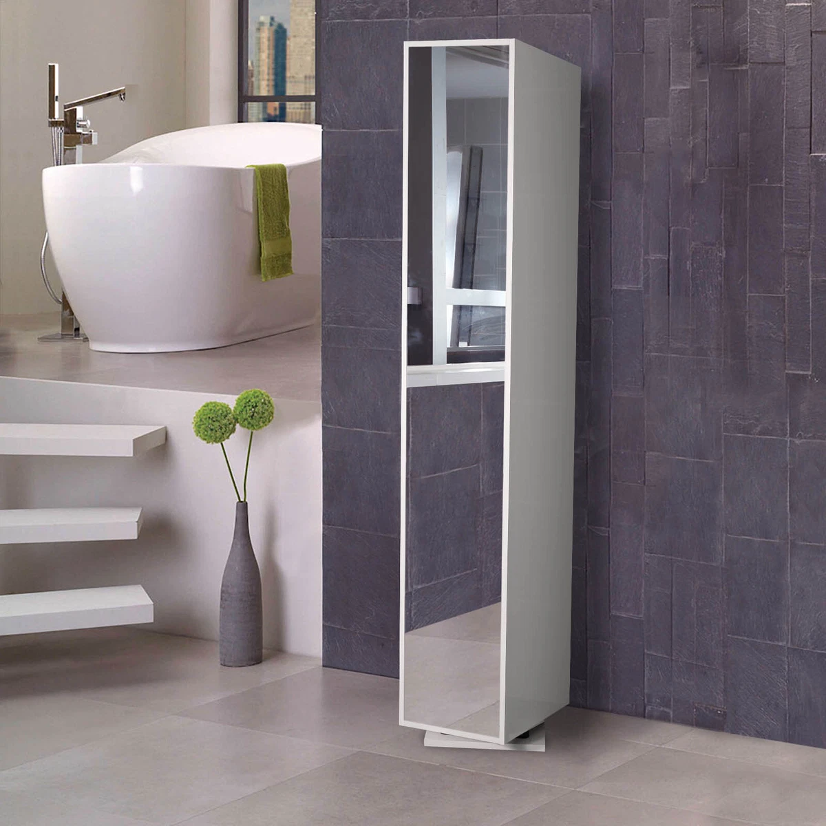 BENLEY 1800mm White Gloss Freestanding Tall Storage Unit With Mirror
