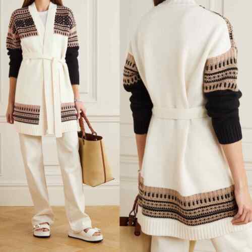Max Mara Buona Belted Fair Isle Wool Cashmere-blend Cardigan In Ivory Size L - Picture 1 of 8
