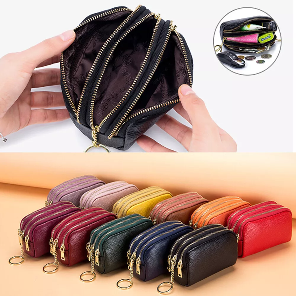 Women's Leather Wallet 3 Zippers Pocket Coin Purse Mini Pouch Small Keyring  Bags