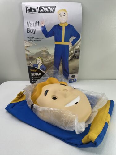 Fallout Shelter Vault Boy Child Spirit Costume Large 12-14 Jumpsuit, Half Mask - Afbeelding 1 van 7