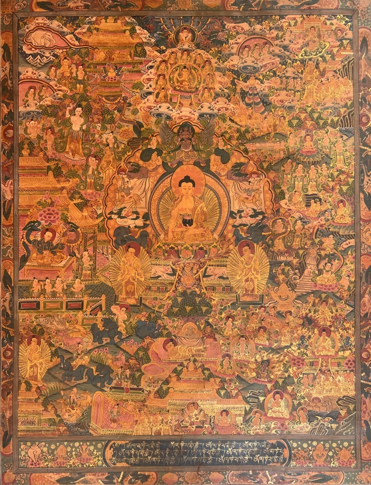 MANDALA VIDA DE BUDA/RUEDA DE LA VIDA ANTIGUA PINTURA THANGKA TIBETANA BARNIZADA AL ÓLEO Foto 2 de 4
