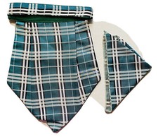NEW Teal white Men Silk Cravat POCKET SQUARE Scarf Ascot Tie PARTY-PRE STITCHED