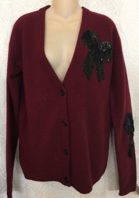 Rochas Cardigan Sweater Wine Wall Black Sequined Bow Nwt Size