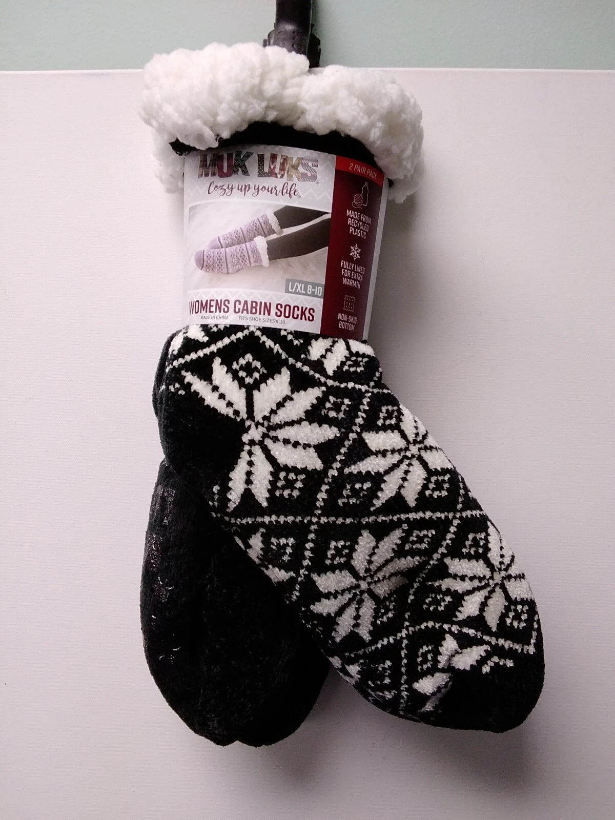 Muk Luks Womens Cabin Socks Size L/XL(8-10) Black/White & Solid Black Fully Line