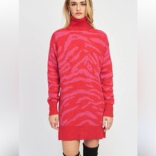 En Saison Pink Red Zebra Knit Turtleneck Sweater Dress Sz Small Preppy Colorful