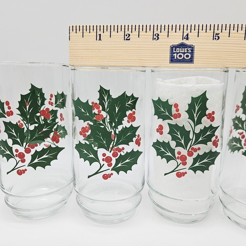 4 Vintage Indiana Glass HOLLY BERRY Christmas Drinking Glasses Tumblers - Picture 8 of 8