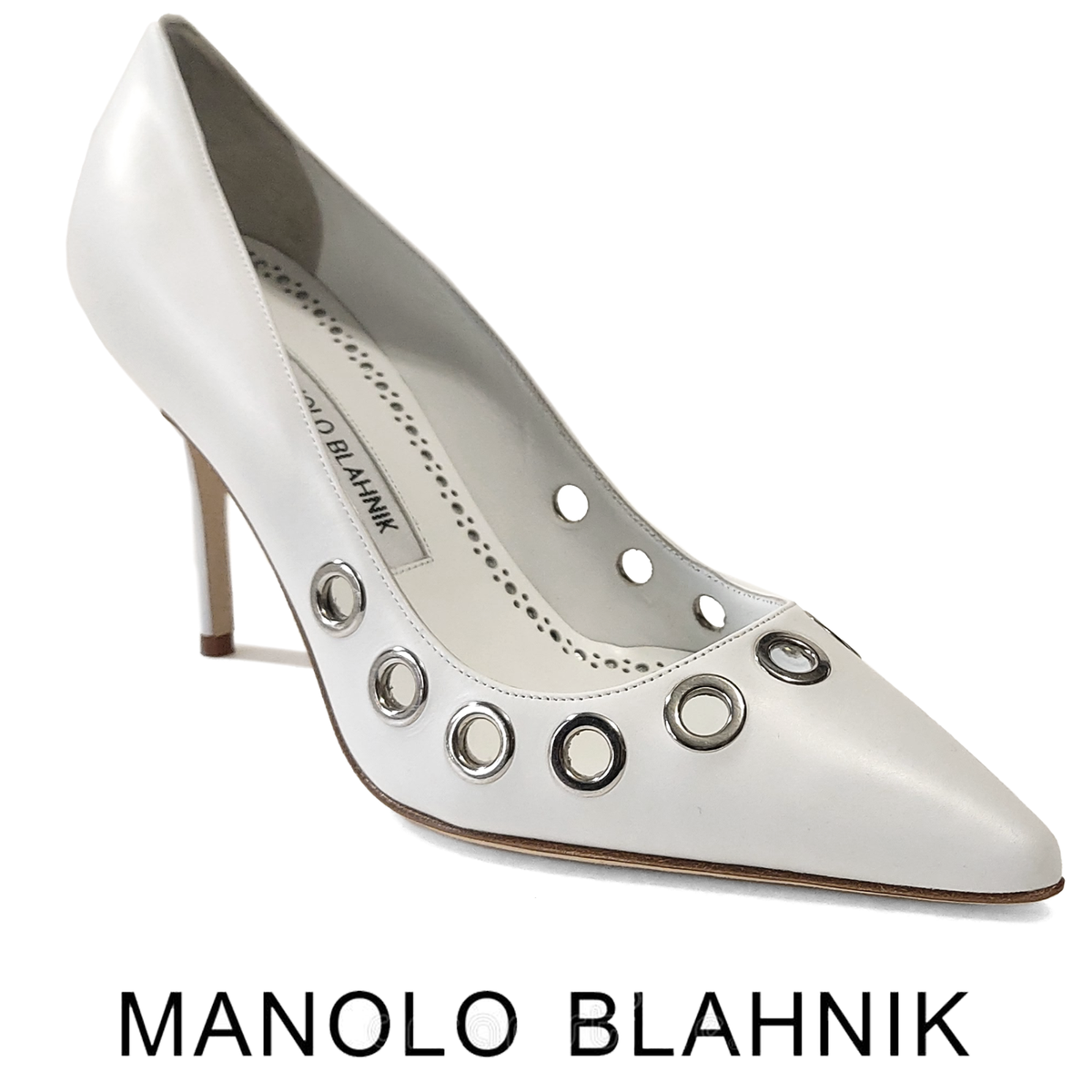 MANOLO BLAHNIK Elva Grommet Leather Pumps In White EU 37.5 (0386