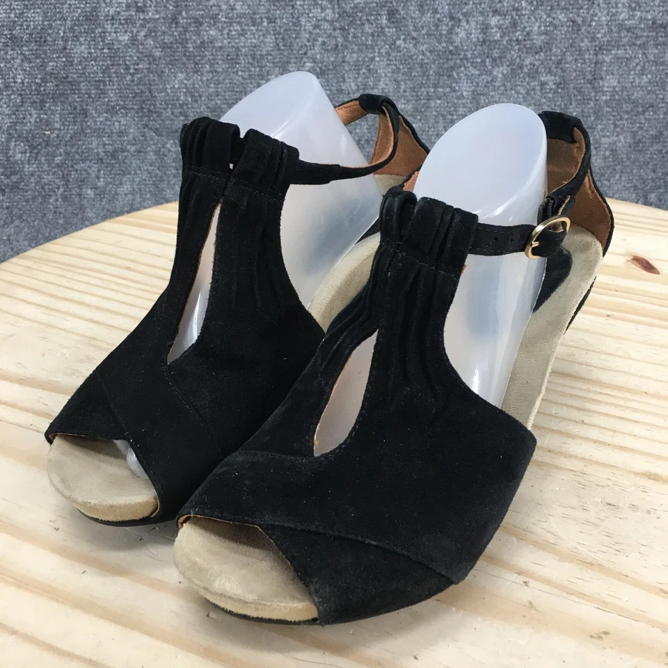 Earth Sandals Womens 7 B Caper Buckle T Strap Wedge Heels Black Suede Peep Toe — 第 3/4 张图片
