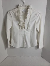 Ann Taylor LOFT Petites Women's White W/ Ruffle Button Up Top, OOP