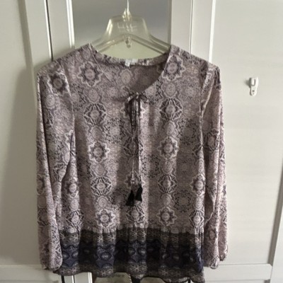 DR2 Geometric Print Long Sleeve Blouse Tasseled Tie Round Neck Multicolor Size L