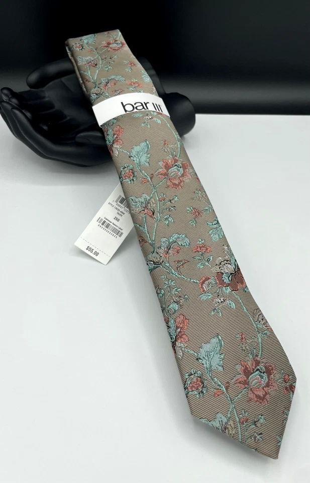 Bar III 男式丝绸混纺领带 ~ 灰褐色 ~ 花卉 ~ 全新 MSRP:55 美元。 — 第 2/3 张图片