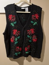 Bobbie Brooks Black Knit Christmas Vest with Red Poinsettia Women's Size XL