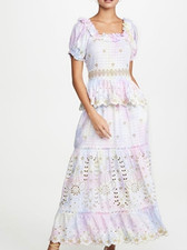 LoveShackFancy Puff Sleeve Maxi Dress NO Sz BEST  SMALL Pastel Embroidered Y