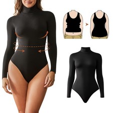 Women's Long Sleeve Shapewear Tummy Control Bodysuit Full Body Shaper Top Black