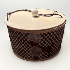 Vintage Brown/Beige Wicker Sewing Basket 1950s Poodle Dog Princess Round