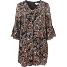 Calvin Klein Womens Black Paisley Print Tiered Bell Sleeve V-Neck Shift Dress L