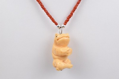 Carmelita Burns Red Coral Necklace Sterling Cow Bone Frog Pendant 20 in