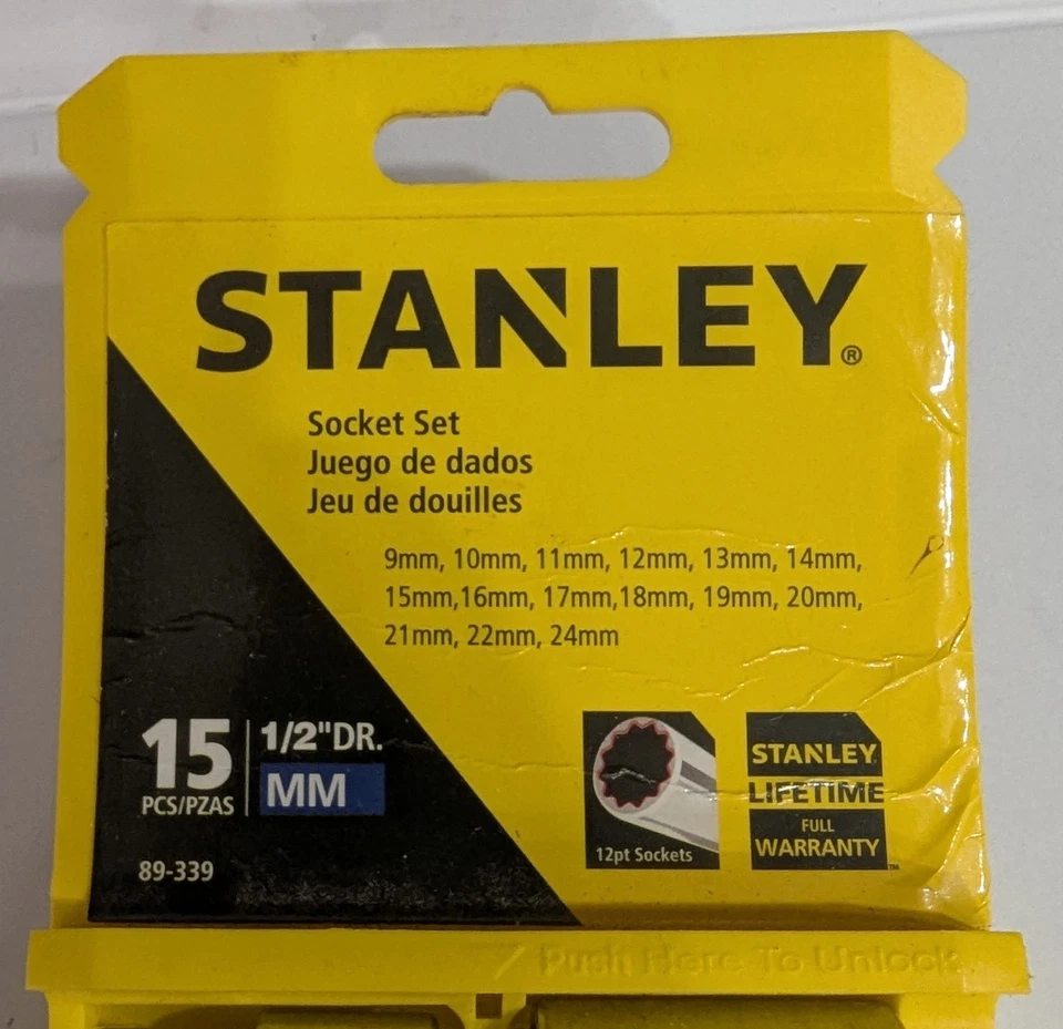 Stanley Socket Set 15 pc MM Metric 1/2” Drive Stainless Steel Std Length 89-339 - Image 2 of 4