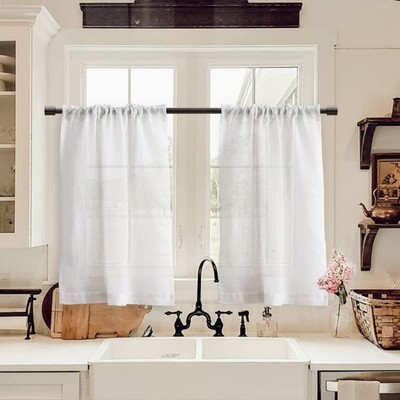 White Linen Kitchen Curtains 24 Inch Length Rustic Farmhouse Country Boho Sho...