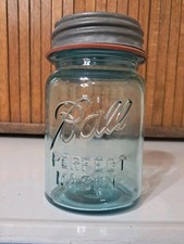 Antique Ball Perfect Mason Jar Zinc Lid Blue Glass Canning Pint 1923-33 Mold #1