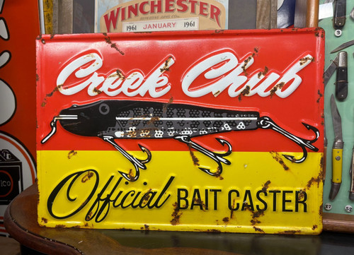 "CREEK CHUB LURES" EMBOSSED METAL ADVERTISING SIGN, (20"x 14") NICE SIGN
