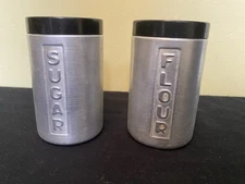 Vintage Mcm KROMEX Aluminum Sugar & Flour Shakers Spun Brushed Silver Black Lid